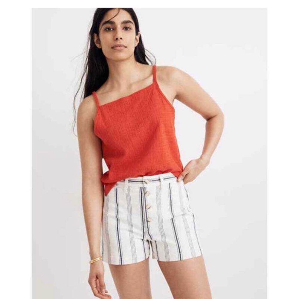 Madewell White High-Rise Striped Shorts with Navy Stripes